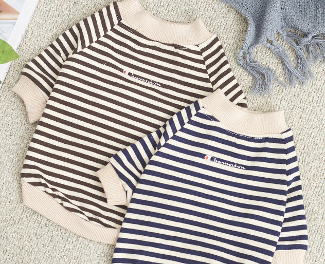 Dog T Shirt in Stripe Pattern - Nordic Blue and Ivory (With Hoodie / No Hoodie)