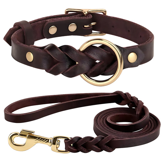 Genuine Leather Dog Collar & Leash Set – Braided Heavy Duty Lead for Medium & Large Dogs