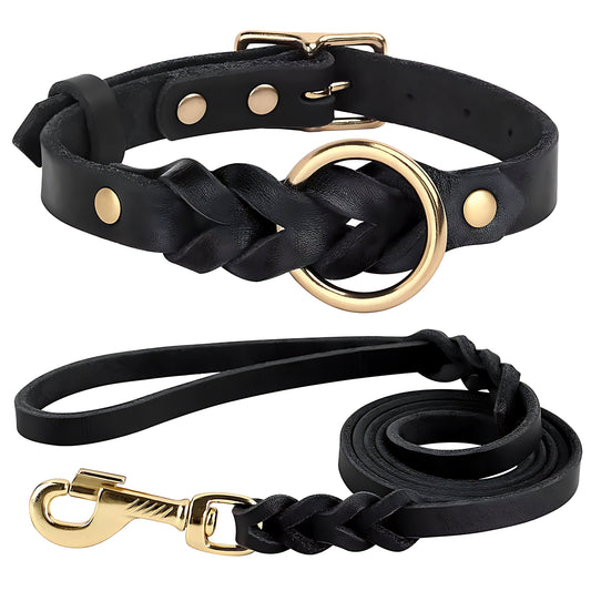 Genuine Leather Dog Collar & Leash Set – Braided Heavy Duty Lead for Medium & Large Dogs