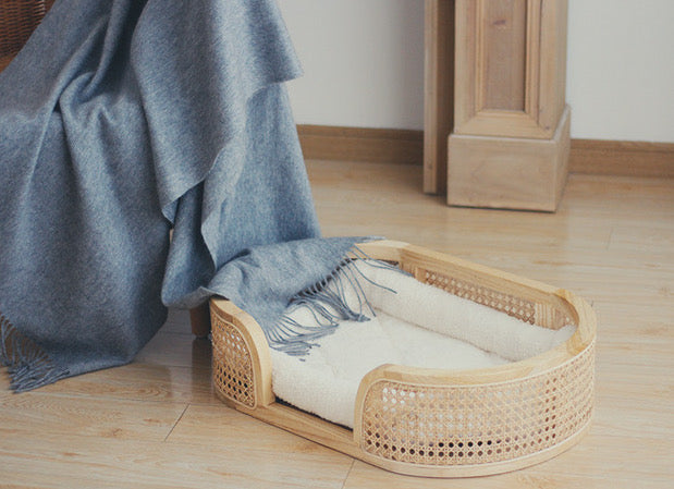Handmade Modern Solid Wood Dog Bed Cat Bed with Natural Rattan