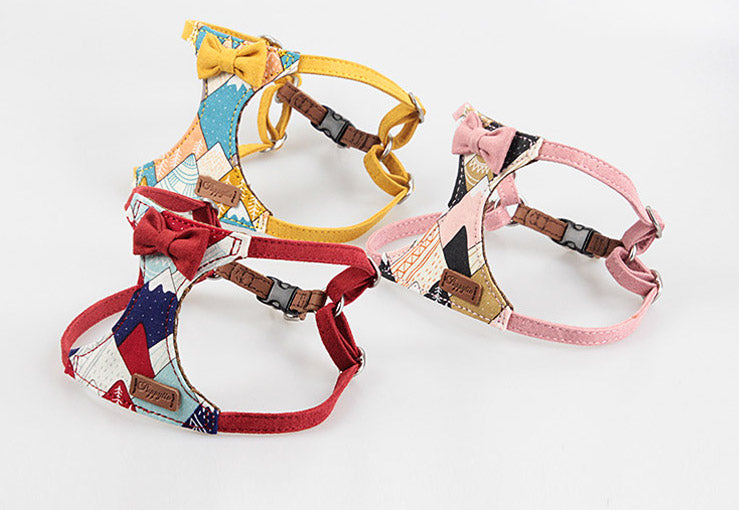 Japanese Puppy Tie - Dog Harness and Lead - Baby Pink / Lemon Yellow Pattern