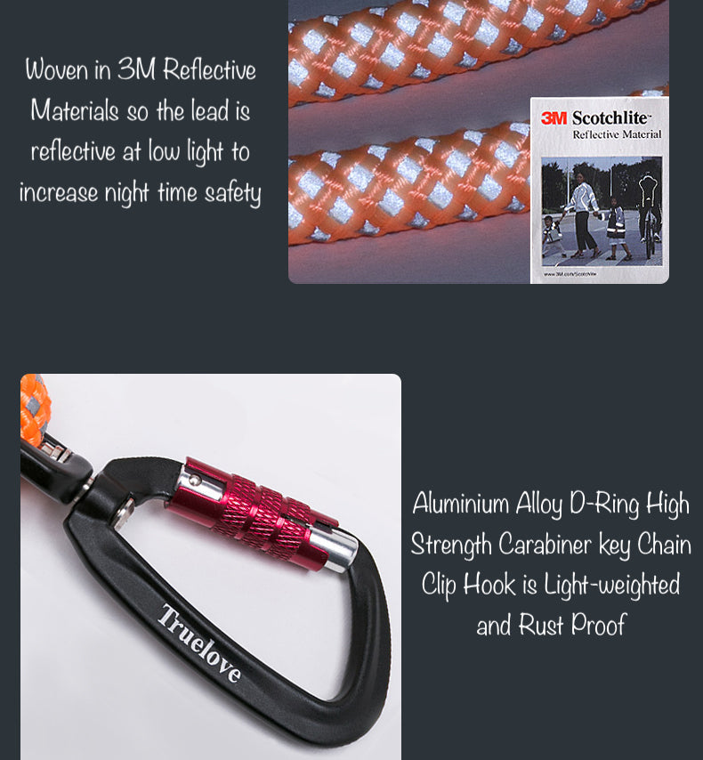 True Love - 3M Reflective Dog Lead with D-Ring Carabiner Clip hook in Neon Green / Black Silver