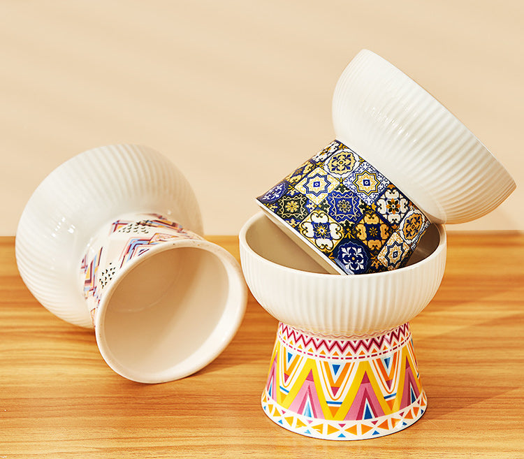 Elevated Pet Ceramic Bowl - Round in Bohemian Pattern