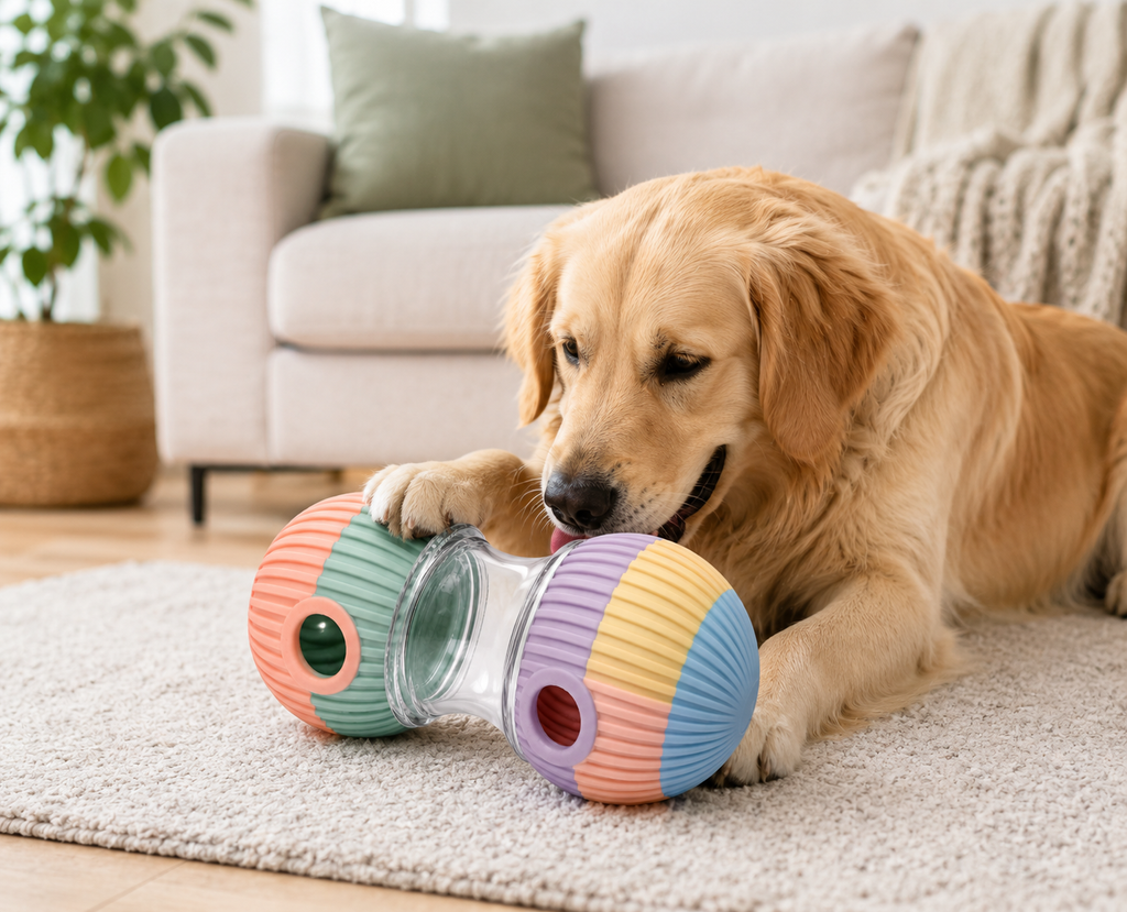 Pastel Dumbbell-Shaped Dog Treat Dispenser and Rolling Toy