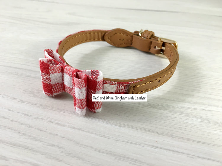 Japanese Puppytie Red Gingham and Leather Dog Collar with Lead Set