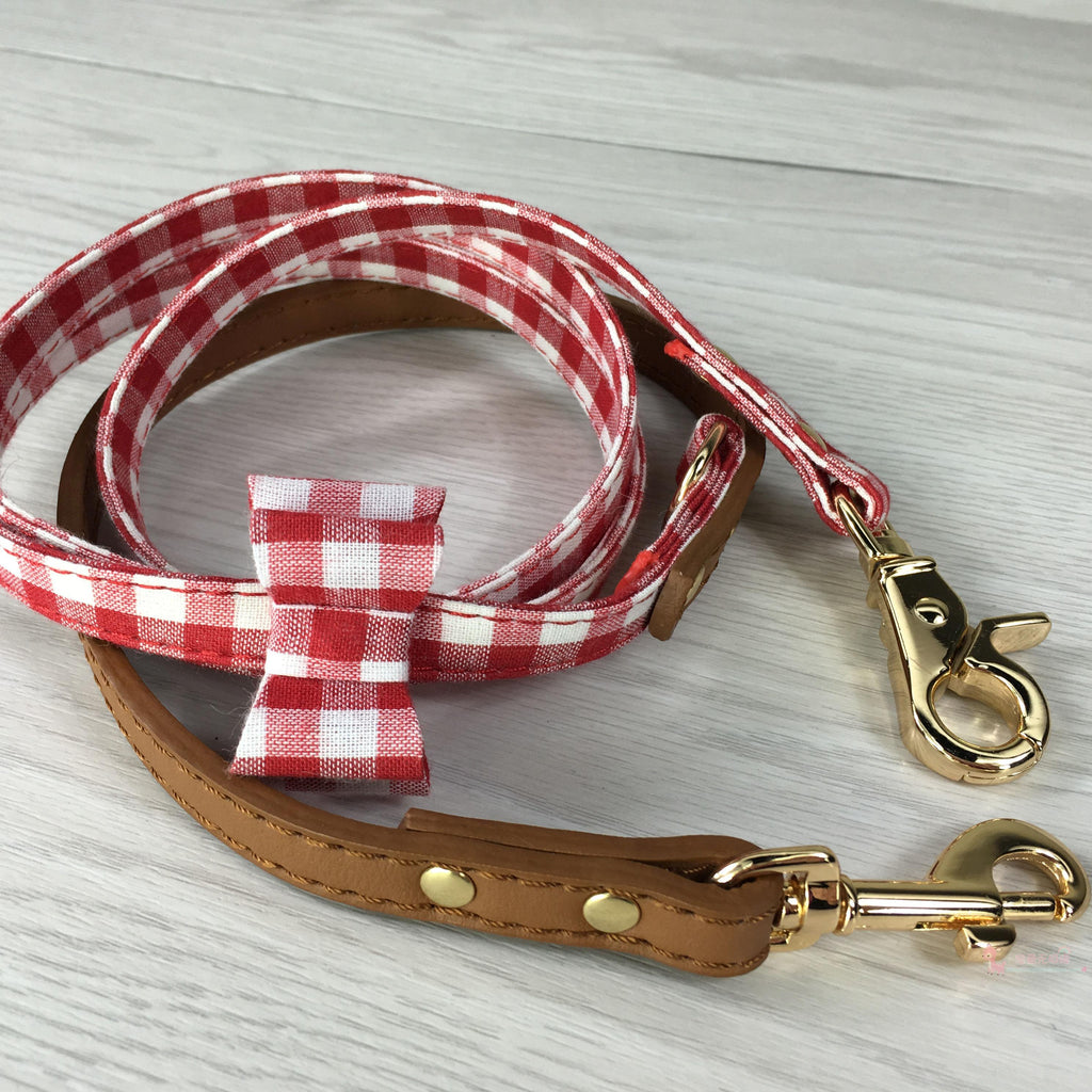 Japanese Puppytie Red Gingham and Leather Dog Collar with Lead Set