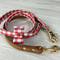 Japanese Puppytie Red Gingham and Leather Dog Collar with Lead Set