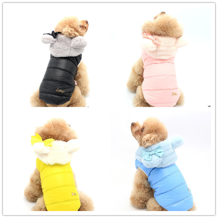 Dog Jacket with Mickey Mouse Ear Style hood and Ribbon - Puffer Style - Baby Pink / Red