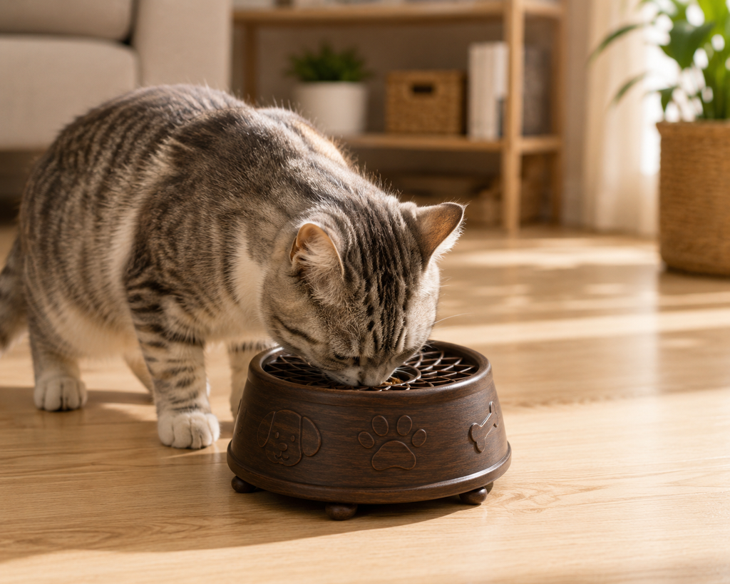 Wooden Slow Feeder Pet Bowl – Elevated Maze Feeding Bowl for Dogs and Cats with Stable Raised Base