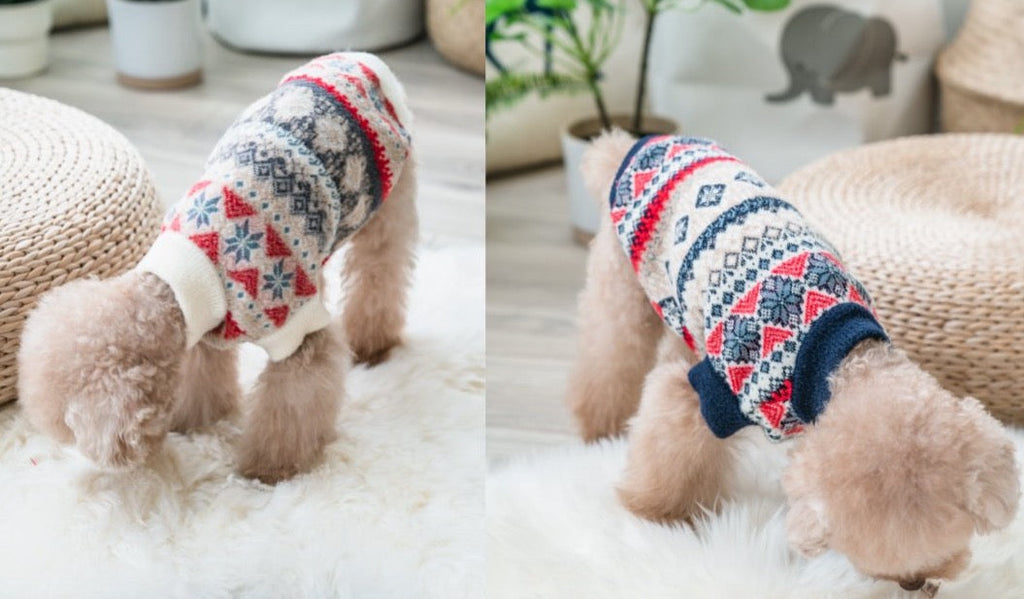 Water Repellent Faux Mink Cashmere Fleece Dog Jumper - White with red pattern